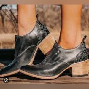 Freebird by Steven Sz 8 Sadie Black Leather Booties Wood Block Heel Snake Accent